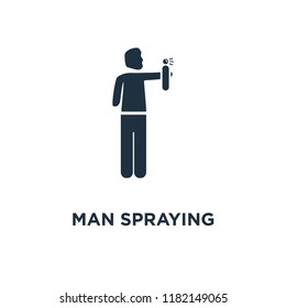 Man Spraying Deodorant icon. Black filled vector illustration. Man Spraying Deodorant symbol on white background. Can be used in web and mobile.