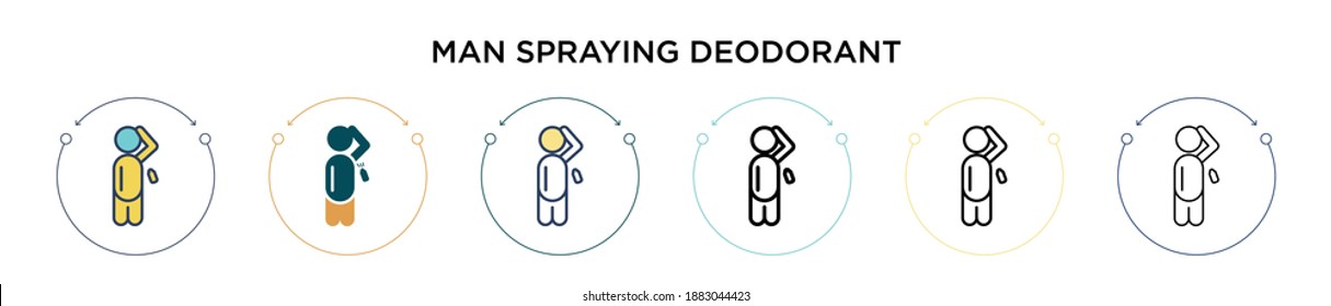 Man spraying deodorant icon in filled, thin line, outline and stroke style. Vector illustration of two colored and black man spraying deodorant vector icons designs can be used for mobile, ui, web