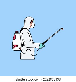 hombre rociando desinfectante. ilustración vectorial. diseño plano