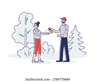 Man spraying insect repellent on woman to protect from mosquito outdoors. Insecticide skin protection aerosol remedy concept. Cartoon linear vector illustration