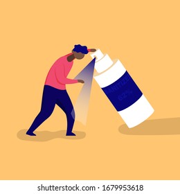 Man spraying a large sanitizer on his arm. Side view. Color vector cartoon illustration. For coronavirus epidemic quarantine.
