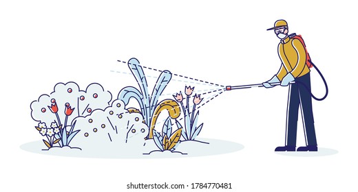 Man spraying pesticide and insecticide on flowers in garden. Chemical treatment of plants concept. Farmer exterminator holding fertilizer spraying bushes. Linear vector illustration