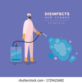 Man spraying with protective suit gloves and bottle design, Disinfects clean antibacterial and hygiene theme Vector illustration