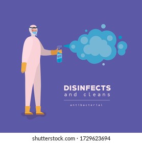 Man spraying with protective suit gloves and bottle design, Disinfects clean antibacterial and hygiene theme Vector illustration