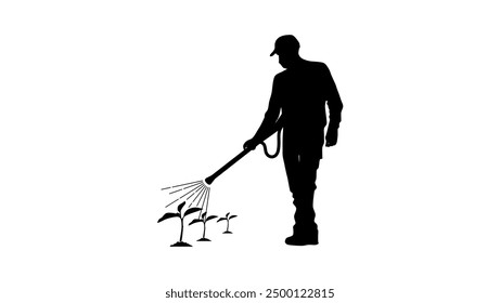 man spraying toxic substances or herbicides on plants, black isolated silhouette