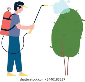 Man spraying tree. Gardening insecticide or fertilizer work svg