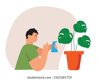 El hombre está rociando agua en su gran planta en la habitación en la mañana después de despertarse durante el fin de semana, arte de diseño. Ilustración plana vectorial