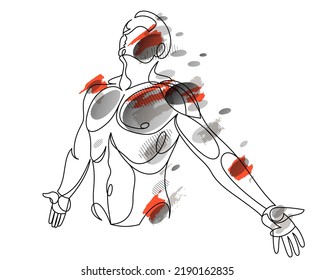Man with spread hands showing pose of freedom like feeling that he can fly, vector linear illustration, emotional concept of feel free and happy.