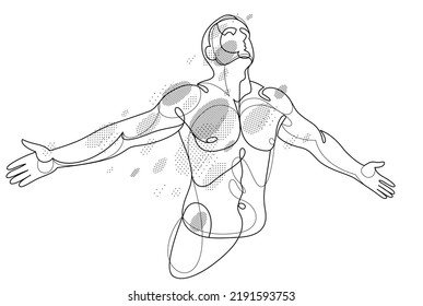 Hombre con manos extendidas mostrando la pose de la libertad como la sensación de que puede volar, ilustración lineal vectorial, concepto emocional de sentirse libre y feliz.