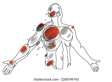 Man with spread hands showing pose of freedom like feeling that he can fly, vector linear illustration, emotional concept of feel free and happy.