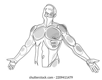Man with spread hands showing pose of freedom like feeling that he can fly, vector linear illustration, emotional concept of feel free and happy.