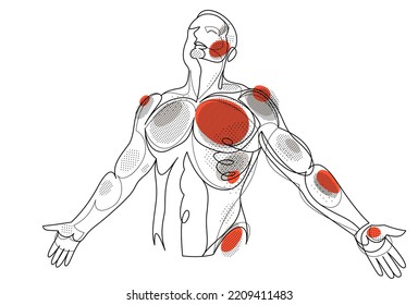 Hombre con manos extendidas mostrando la pose de la libertad como la sensación de que puede volar, ilustración lineal vectorial, concepto emocional de sentirse libre y feliz.