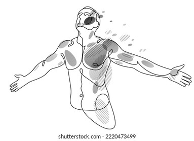 Hombre con manos extendidas mostrando la pose de la libertad como la sensación de que puede volar, ilustración lineal vectorial, concepto emocional de sentirse libre y feliz.