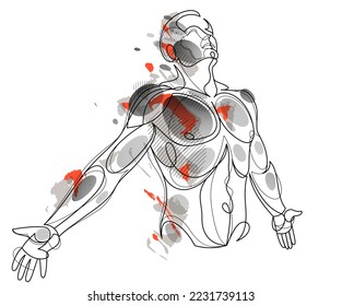 Man with spread hands showing pose of freedom like feeling that he can fly, vector linear illustration, emotional concept of feel free and happy.