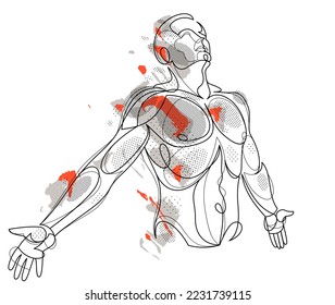 Mann mit ausgebreiteten Händen, die eine Freiheitsstellung zeigen, wie das Gefühl, dass er fliegen kann, Vektorgrafik linear, emotionales Konzept des Wohlfühls frei und glücklich.