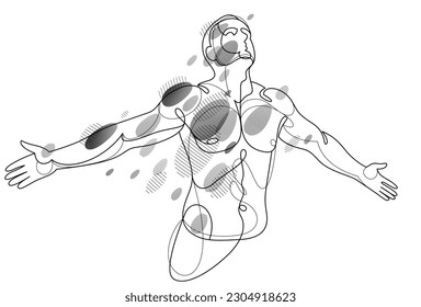 Man with spread hands showing pose of freedom like feeling that he can fly, vector linear illustration, emotional concept of feel free and happy.