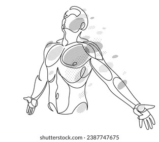Man with spread hands showing pose of freedom like feeling that he can fly, vector linear illustration, emotional concept of feel free and happy.