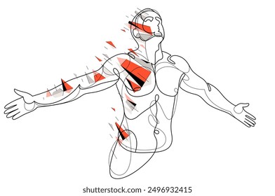 Man with spread hands showing pose of freedom like feeling that he can fly, vector low poly illustration, emotional concept of feel free and happy.