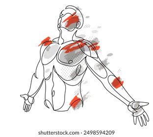 Man with spread hands showing pose of freedom like feeling that he can fly, vector linear illustration, emotional concept of feel free and happy.