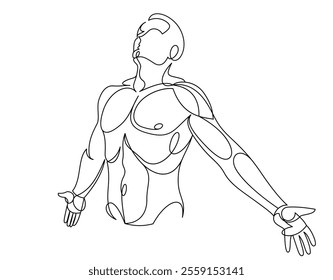 Man with spread hands showing pose of freedom like feeling that he can fly, vector linear illustration, emotional concept of feel free and happy.