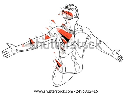 Man with spread hands showing pose of freedom like feeling that he can fly, vector low poly illustration, emotional concept of feel free and happy.