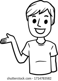 Man with Spread hands. Smiling young boy in shirt. Doubt and timidity. Hand drawn sketch cartoon. Uncertainty and shrugging. Funny illustration