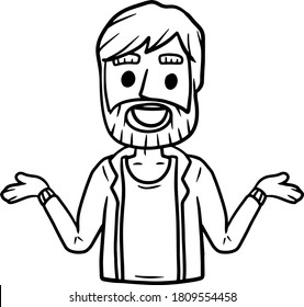 Man with Spread hands. Smiling young bearded man in shirt. Doubt and timidity. Hand drawn sketch cartoon. Uncertainty and shrugging. Funny illustration