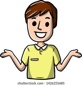 Man with the Spread hands. Uncertainty and shrugging. Smiling young man in a yellow shirt. Funny illustration. Doubt and timidity. Hand drawn color sketch cartoon.