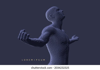 Man spread his arms in different directions. Men enjoying the freedom. Victory. Voxel art. 3D vector illustration.
