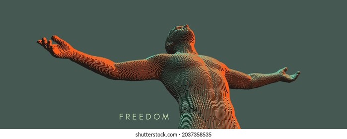 Man spread his arms in different directions. Men enjoying the freedom. Victory. Voxel art. 3D vector illustration.