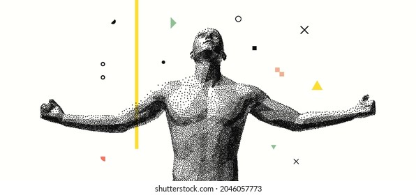 Man spread his arms in different directions. Men enjoying the freedom. Victory and freedom. Sport symbol. Leadership or workout bodybuilding concept. Vector illustration.