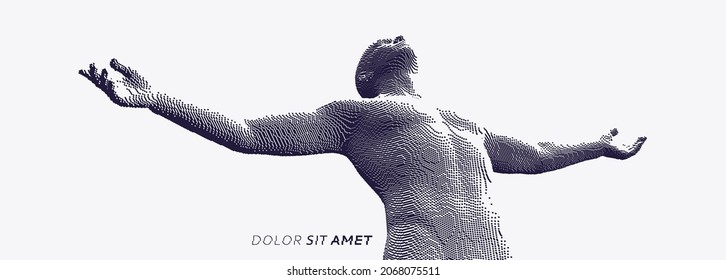 El hombre extendió sus brazos en diferentes direcciones. Los hombres disfrutan de la libertad. Victoria. Ilustración vectorial 3D del arte Voxel.