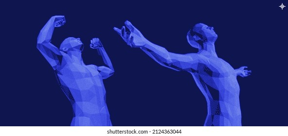 Man spread his arms in different directions inside triangle. Champion raising both hands in the air as a true winner. Victory and freedom. Strong man raising hands up. Vector illustration.