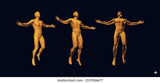 Man spread his arms in different directions. Men enjoying the freedom. Men floating and hovering in the air. 3D vector illustration.