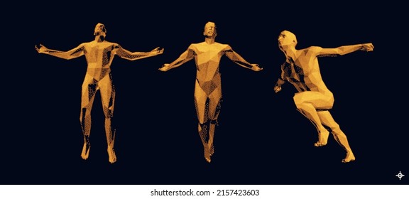 Man spread his arms in different directions. Men floating and hovering in the air. Running man or marathon runner. 3D human body model. Design for sport. Vector illustration composed of particles.