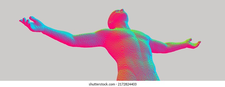 Man spread his arms in different directions. Men enjoying the freedom. Victory. Voxel art. 3D vector illustration.