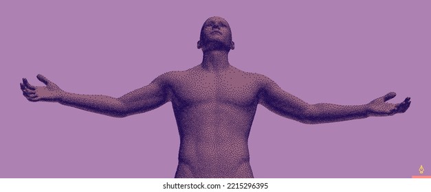 Man spread his arms in different directions. Men enjoying the freedom. Victory. Pixel art. 3D vector illustration.