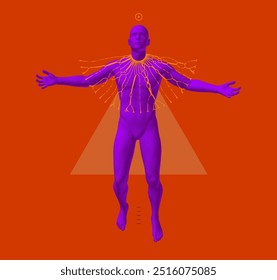 Man spread his arms in different directions. Harmony of soul and body, wisdom or religion concept. State of enlightenment. Man meets eternal. Psychic mind power of meditation. 3D vector illustration.