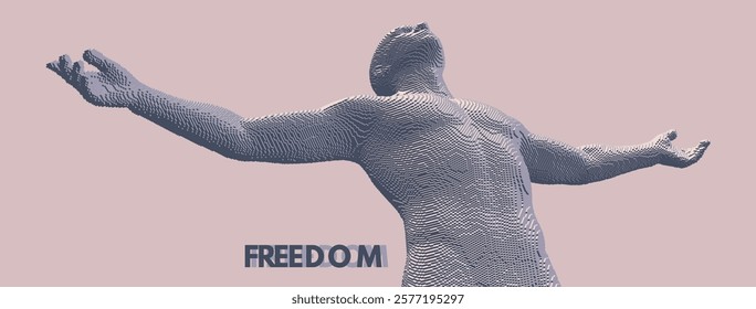 Man spread his arms in different directions. Men enjoying the freedom. Victory. Voxel art. 3D vector illustration.