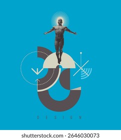 The man spread his arms out to the sides and hovers, his head radiating energy. Harmony of soul and body, wisdom or religion concept. State of enlightenment. Psychic mind power of meditation. Vetor.