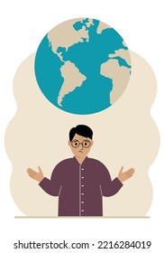 The man spread his arms and the planet Earth is above his head. Earth day holiday concept, saving the planet, saving energy, global warming or climate change. Vector flat illustration.