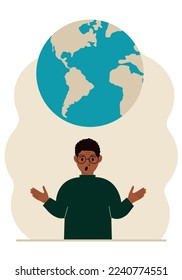 The man spread his arms and the planet Earth is above his head. Earth day holiday concept, saving the planet, saving energy, global warming or climate change. Vector flat illustration.