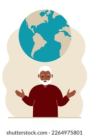 The man spread his arms and the planet Earth is above his head. Earth day holiday concept, saving the planet, saving energy, global warming or climate change. Vector flat illustration.