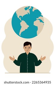 The man spread his arms and the planet Earth is above his head. Earth day holiday concept, saving the planet, saving energy, global warming or climate change. Vector flat illustration.