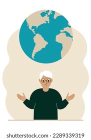 The man spread his arms and the planet Earth is above his head. Earth day holiday concept, saving the planet, saving energy, global warming or climate change. Vector flat illustration.
