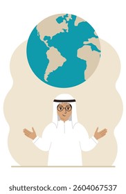 The man spread his arms and the planet Earth is above his head. Earth day holiday concept, saving the planet, saving energy, global warming or climate change. Vector flat illustration.