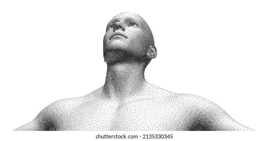 A man spread his arms to the side and looks up. Freedom or development concept. Minimalistic design for business presentations, flyers or posters. Vector illustration composed of particles.