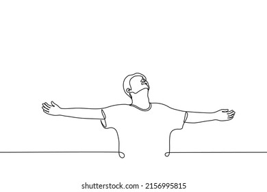 man spread his arms to the sides like bird or airplane face pointing up - one line drawing vector. concept dream, freedom, liberation, breathe deeply, triumph, victory, enlightenment