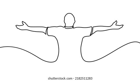 man spread his arms to the sides face pointing up one line drawing vector. concept dream, freedom, liberation, breathe deeply, triumph, victory, enlightenment