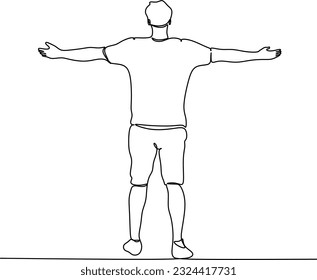 man spread his arms to the sides like bird or airplane face pointing up - one line drawing vector. concept dream, freedom, liberation, breathe deeply, triumph, victory, enlightenment